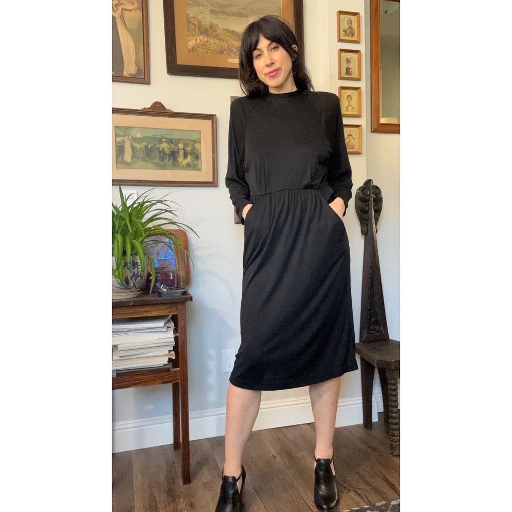 Vintage 80s Victorias Secret Black Open Back Button Down Midi Dress